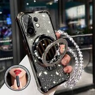 17 เคสโทรศัพท์กันกระแทก + สายคล้องลูกปัดสีชมพูเงา + กระจกแต่งหน้าทรงกลมสีชมพูเงา + เคสโทรศัพท์ขาตั้ง