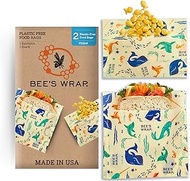 Bee's Wrap Reusable Vegan Alternative to Beeswax Food Wraps, Made in the USA, Eco Friendly Food Wraps, Sustainable Food Storage Containers, Reusable Bags 2 Pack (1 Snack, 1 Sandwich), Under the Sea