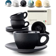 Cappuccino Cups of 4 [8oz] Thick-Walled Stonee Cup Set for Latte Art Ceramic Mug and Saucer - Black
