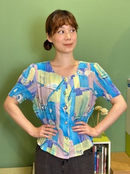 海洋幾何雪紡短袖襯衫