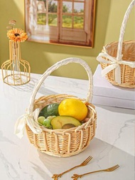 1入組手工製作的天然編織竹製水果籃裝飾籃，適用於花卉和水果收納
