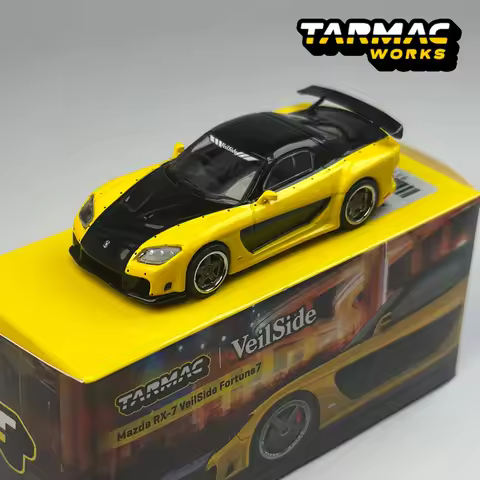 Tarmac Works 1:64 TW Mazda RX7 VeilSide Fortune7 Yellow/Black JDM alloy car model