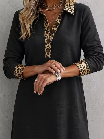 Lady's Commuting Leopard Embroidered Plaid Knit Top Dress - Lady's Henry Collar Long-Sleeved Side-Op