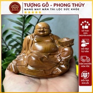 Statue of Maitreya holding a golden bowl for the car, tea room, meaning luck, prosperity, cypress wo