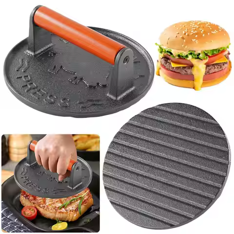 Cast Iron Burger Press Smash Burger Press Wooden Handle Round Burger Smasher 7.09 in Anti Scald for 