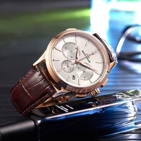 Reef Tiger Men Chronograph Watch 43MM Quartz Wristwatch 50M Waterproof Sapphire Mirror Luminous