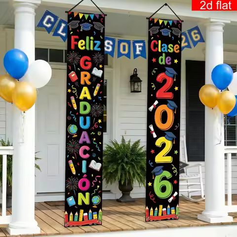 2D flat banners, 2 pieces, Spanish. 2026 Graduation Theme Front Porch Gateway Sign Party Banner