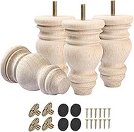 5" Wooden Furniture Legs Pack of 4 - Unfinished Solid Wood Feet with M8 Bolts and T-Nuts for Sofa, W