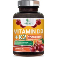 Vitamin D3 K2, Chewable Cherry D3 2000 iu Plus K2 (MK-7) 75 mcg - 2 in 1 Vitamins D & K Complex - Vi
