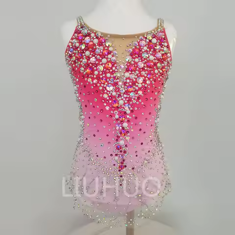 Red Simulation Flower Rhythmic Gymnastics Leotards Blue Flash Diamond Girls Competition Performance
