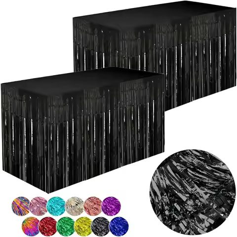 2pack Black Plastic Foil Table Skirt Party Event Decoration Table Skirt Metallic Foil Stripe Ribbon 