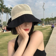 New Female Korean Version of The Tide Wild Sun Hat Large Brim Straw Beach Bucket Hat Bowknot Foldabl