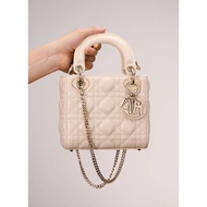 Dior Dior Light Ivory Gold Buckle Lady Dior Detachable Chain Shoulder Strap Three Grid Rattan Checke