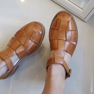 【牽手一起長大】內外全真皮低跟小木跟魚骨手工編織羅馬涼鞋五色