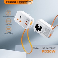 TESSAN - PD 20W Universal Wall Multi Plugs Cable Extension Socket with USB & Type C, Phones Adapter