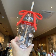 ★Ins Cup Starbucks New Product 2024 Valentine's Day Gift Limited Cute Cat Bow Decoration Glass Straw Mug