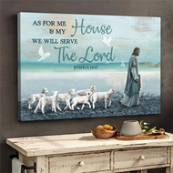 1pc No Framed Jesus With Lamb Painting As For Me And My House Wall Art Canvas For Home Decor 15.7inx