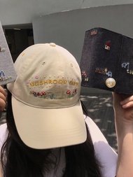 หมวกกันแดดทรงแบน REhi ปักลายดอกเห็ด หมวกทรงปากเป็ด หมวกผ้าฝ้ายแบบลำลองสำหรับฤดูร้อนและฤดูหนาว