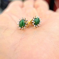 Natural Green Jade Earrings • 18 Carats Of Real Diamonds Gold Weight 2.77 Grams Detailed Work Looks 