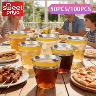 100PCS 200PCS Plastic Disposable Cups 9OZ 270ML Gold Rim For Family Party Birthday Drinking Wine Cup