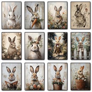 Boho Rabbit Bunny Vintage Poster Rustic Hare Cottagecore Print Canvas Painting Animal Wall Art Pictu