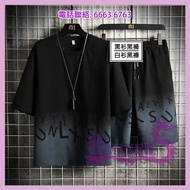 包送貨 [CL006] 月巴系列M-4XL 日系短袖寬身冰絲印花T-SHIRT & SHORTS 連短褲 (黑衫黑褲/白漸變黑衫黑褲) Oversize Feel 唔怕你有肚腩仔 夏季室內冷氣合用 日