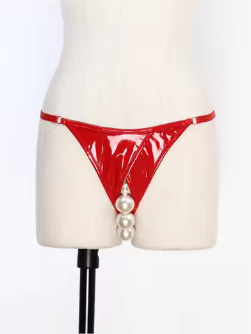 Women Adults Lingerie PU Leather T-back Thongs Low Rise Crotchless Open Butt with Faux Pearls T-back