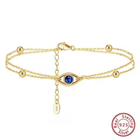 KISS MANDY Classic 925 Sterling Silver 2 Layers Evil Eyes Chain Bracelet for Women Fashion14K Gold B