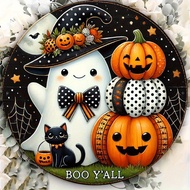 1PC Wood or Acrylic 2D Set, 1 Inch Halloween Ghost and Pumpkin Pattern Round Iron Wall Sign for Home