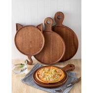 Piring pizza bulat kayu padu, papan pizza kayu hitam dengan pemegang, papan roti buah, dulang kek, p