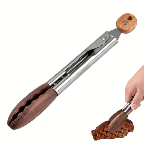 Cooking Tong, Walnut Wood Tong, Stainless Steel Anti-Slip Long Handle Wood Salad Tong with Hanging H