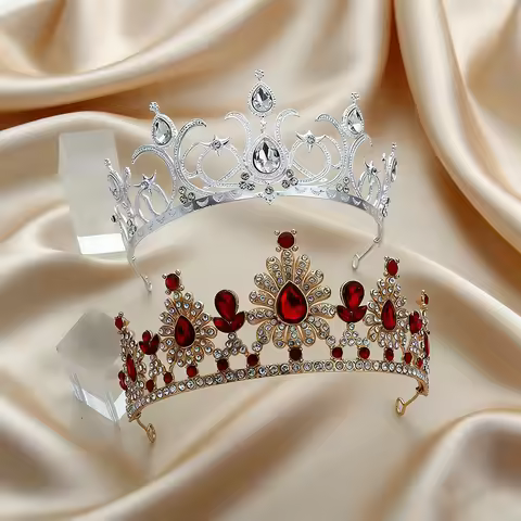2Pcs Luxury Baroque Tiara Set Silver Star Crown Gold Ruby Red Crystal Crown Regal Bridal Headwear We