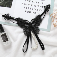 (黑色) 珍珠按摩情趣內褲 蕾絲刺繡 女丁字褲 T褲透明開檔 情趣内衣