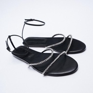 Zara2023 Summer New Style Women's Shoes Black Flat French Sexy Outer Wear Sandals Slippers Rhinestone Flat Sandals