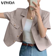 VONDA Women Korean Lapel Short-Sleeved Bag Cover Open-Front Blazer