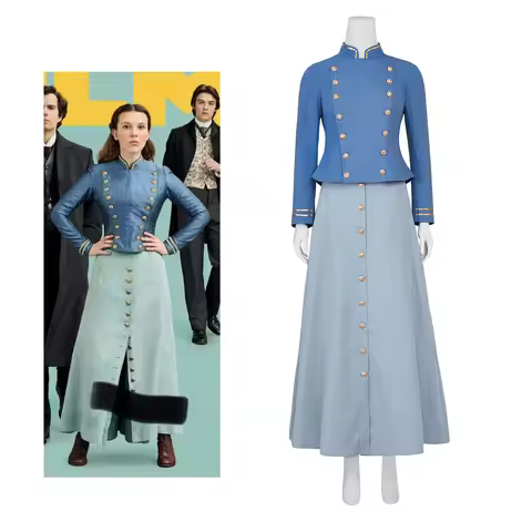 Movie Cosplay Enola Holmes 2 Cosplay Costume Blue Dress Women Enola Vintage Victorian Dress Set Retr