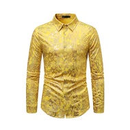 Men Club Shirt Snake Skin Printing Turn-down Collar Slim Fit Button-down Long Sleeve Party Shirt Nig