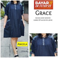 Dress Jeans Wanita Korea Grace Jumbo XXl Terbaru - Mini Dress Casual Pendek Busui Friendly - Dress H
