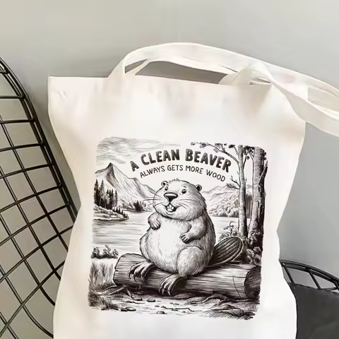 Vintage A Clean Beaver Always Gets More Wood Tote Bag Makeup Bag Book Lovers Tote Bag Library Tote S