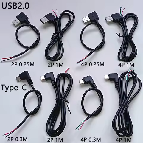 1PC Right Angle USB 2.0 / Type-C Male Bare Wire Power Cable 2P 4P 0.25M/0.3M/1M Open End DIY Chargin