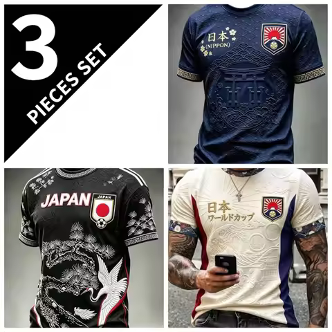 Unisex Japan Soccer Jersey Navy 3D Emboss Torii Gate Wave Prints Nippon Text Sakura Shield Cuffs Cre