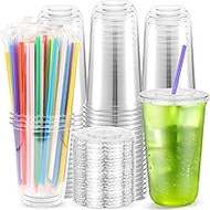 100PCS Clear Plastic Cups with Lids and Straws, Disposable Coffee Smoothie Juice Bubble Tea Cups To 