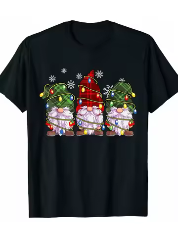 Women's Christmas T-Shirt Shirt with Three Buffalo Plaid Gnomes in Red Hats Parttern Printed Women S