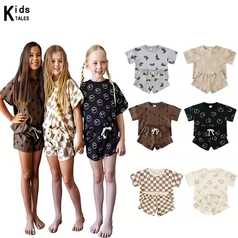 1-8T Summer Kids Unisex Sets 100% Cotton Comfortable Clothes Full Print T-shirt+Shorts Suits Baby Bo
