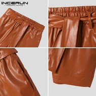 INCERUN Men Casual Tie Belt Elastic Waist Solid Color Cool Loose Leather Shorts