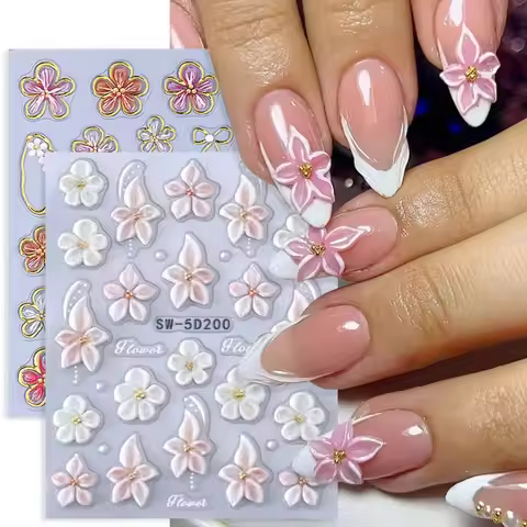 French Embossed Nail Stickers Waterproof Lily Petal Design 3D Nail Art Decals White Pink Petals Gold