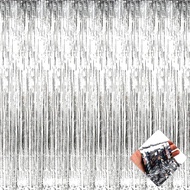 4 Pack 3.2Ft x 9.8Ft Silver Foil Fringe Curtain Backdrop, Metallic Tinsel Foil Fringe Streamers Curt