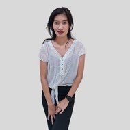 RED - blouse polka dot white v neck branded sisa ekspor