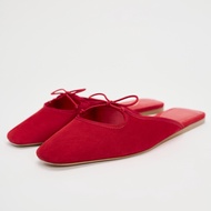 2025 imported Spain ZARAˉ 2024 Spring And Summer New Womens Shoes Red Bow Decoration Leather Flat Mu