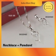 925 Silver Necklace Chain + CZ Stone Pendant (3021940) | Rantai Leher + Loket Batu CZ Perak 925 |